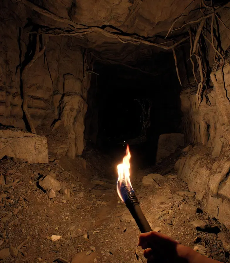 Underground tunnel by torchlight - Image by AI